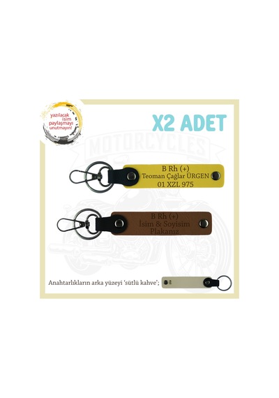 Motorsiklet Tutkunlarına, İsim Plaka Ve B Rh + Kan Grubu Yazılı X2 Anahtarlık Set, Kahve-sarı-sk