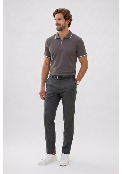 Tudors Erkek Slim Fit Dar Kesim %100 Pamuk Jakarlı Düz Yaka Ve Kol Detaylı Gri Polo Yaka Tişört-50216