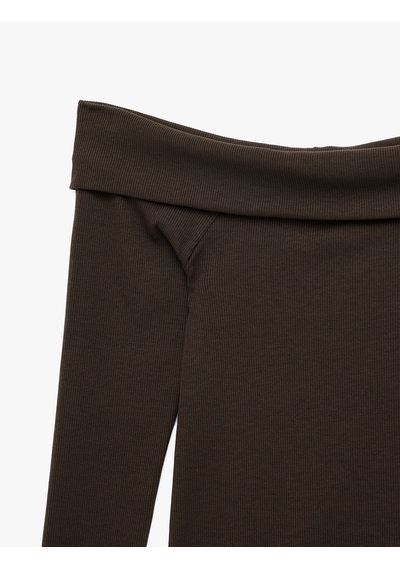 Koton Kaşkorse Slim Fit Uzun Kollu Açık Omuz Tişört Kahverengi 6wak50054ek Kahve