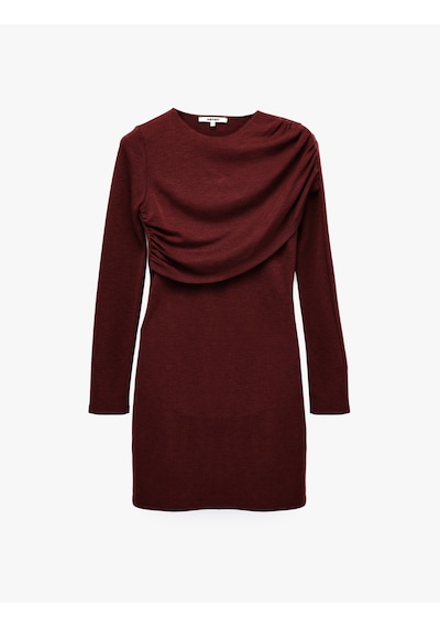 Koton Koyun Yünü Karışımlı Slim Fit Uzun Kollu Drapeli Mini Elbise Bordo 7wak80013uk