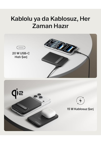 Belkin Bpd011hqbk Boostcharge Slim 5.000mah Qi2 15w Manyetik Kablosuz Powerbank - Siyah