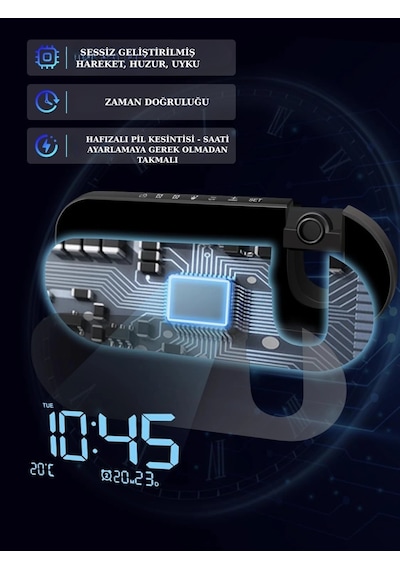Çok Fonksiyonlu Led Projeksiyon Dijital Çift Alarmlı Saat Tarih