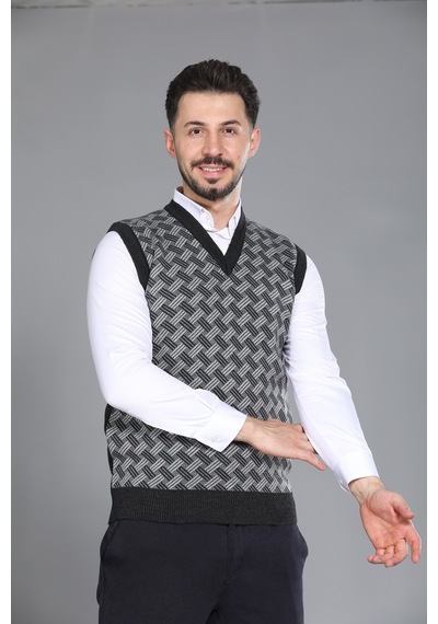 Kzc Tekstil Erkek Baba Ve Orta Yaş Desenli Akrilik Kalın Dokulu V Yaka Triko Süveter Antrasit