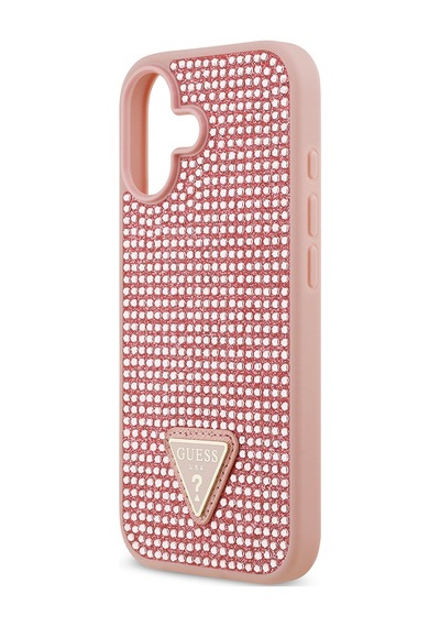 Apple Uyumlu iPhone 17 Kılıf Guess Lisanslı Taşlı Arka Yüzey Üçgen Logolu Kapak Pembe