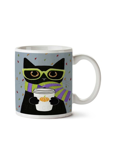 Hipster Kedi Atkı Gözlük Yaprak İki Tarafı Baskılı Kupa Bardak Çok Renkli