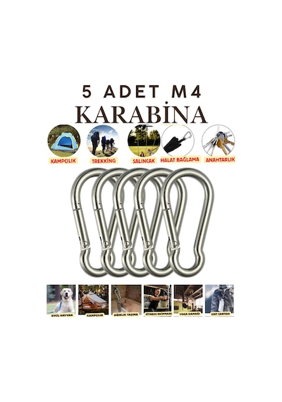 5 Adet 4 Mm Karabina Paslanmaz Çelik Karabina Kamp Ekipmanı Tırmanma Dağcılık Salıncak Hamak Askı Gümüş Gümüş