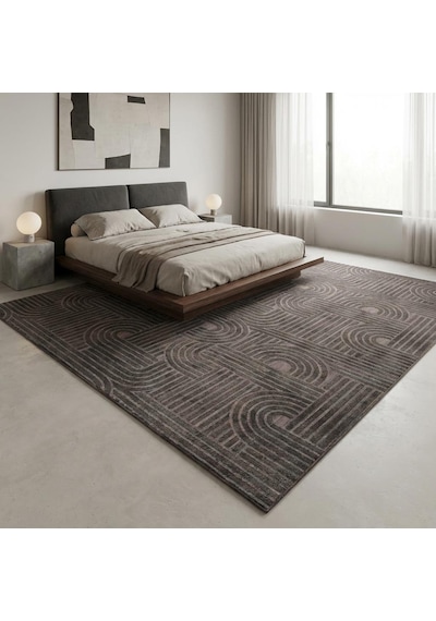 Antrasit Modern Geometrik Desenli Dijital Baskılı Kaymaz Tabanlı Yıkanabilir Halı Antrasit