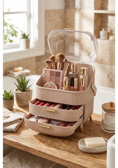 Makri Home Cappuccino Renk Kapaklı Makyaj Organizeri 3 Katlı, Şeffaf Kubbeli, Çekmeceli Düzenleyici Cappuccino