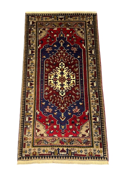 El Dokuma Sıfır Yahyalı Halısı 120x225 Kök Boyası Kırmızı Lacivert Yün Halı