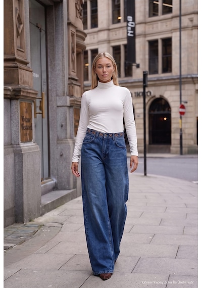 Kadın Mavi 2w6-5 Palazzo Fit Kemer Detaylı Özel Tasarım Denim Jean