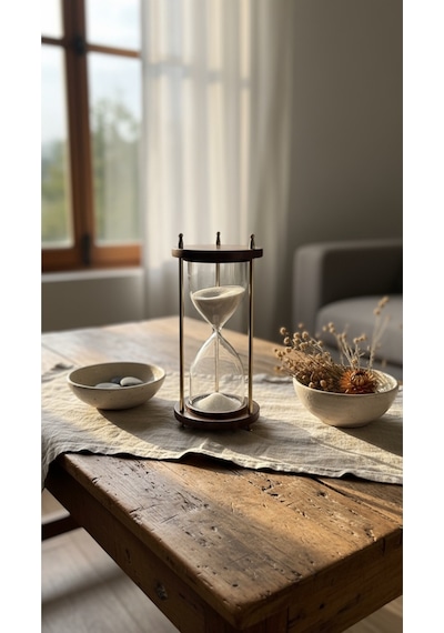 Ahşap Kaideli Dekoratif Kum Saati 14 Cm Beyaz Kumlu Altın Rengi Metal Lüks Vintage Ofis Hediyelik
