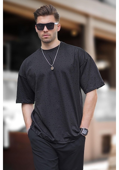 Madmext Siyah Oversize Yırtık Deyatlı Pamuklu Tişört 7032-siyah Siyah