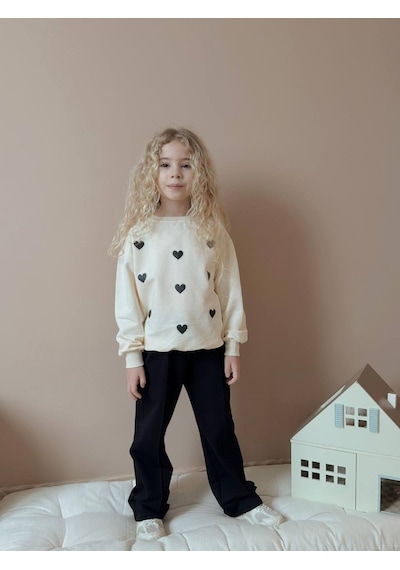 Miniko Kids Kız Çocuk Kalp Modelli Geniş Paça Pamuk Takım Siyah