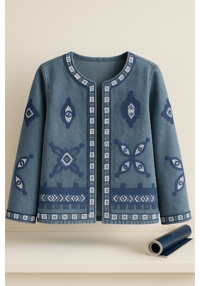 Femelle Etnik Desenli Pul Payet Nakışlı Denim Kot Ceket Vintage Bohem Tarz - 2789ss mavi