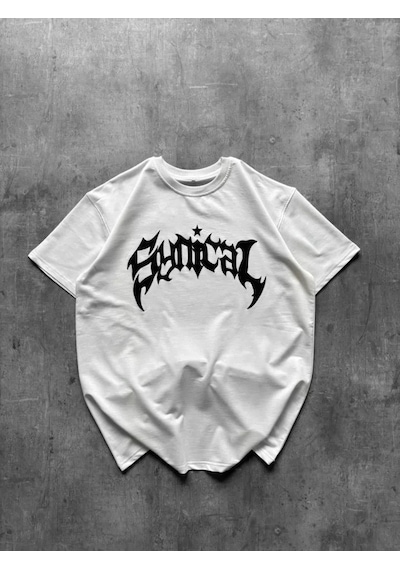 Bisiklet Yaka Ön Baskılı Kısa Kollu Tişört Streetwear Günlük Basic Pamuklu T-shirt - Beyaz Beyaz