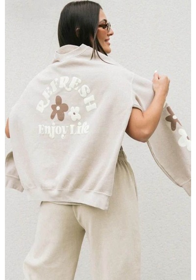 Bej Bisiklet Yaka Baskılı Sweatshirt Mg1572