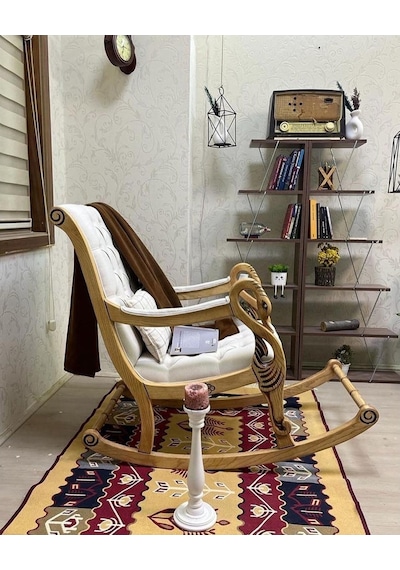Asedia Vintage Kuğu Naturel Krem El Oyması Ahşap Sallanan Sandalye Dinlenme Koltuğu