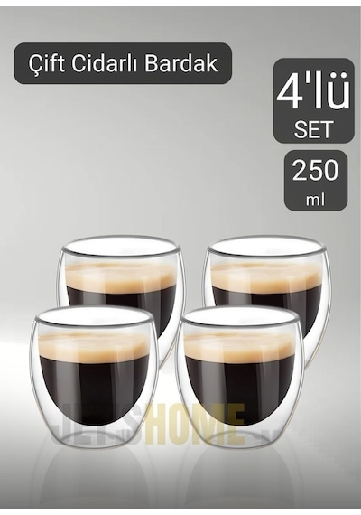 4 Lü Set Cappuccino Bardağı Latte Bardağı Çift Cidarlı Bardak Americano Bardağı 250 Ml Kahve Bardağı Şeffaf