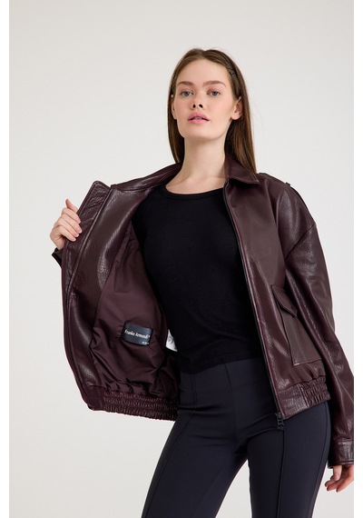 Oversize Bayan Deri Ceket Vb-18-bk-2854-24177 Bordo