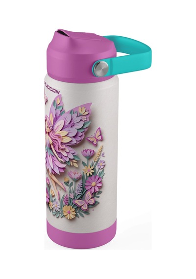 Puccon 540 Ml Sevimli Peri Kız Baskılı Mor Kız Çocuk Pipetli Çelik Termos Matara/suluk - 60059