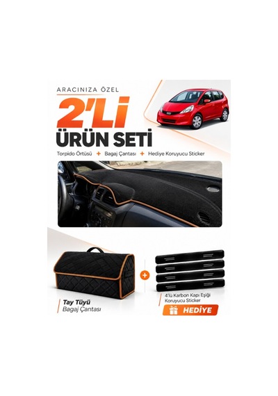 Honda Jazz 2009-2013 Uyumlu Torpido Örtüsü + Tay Tüyü Bagaj Çantası + Sticker - Siyah Kahverengi