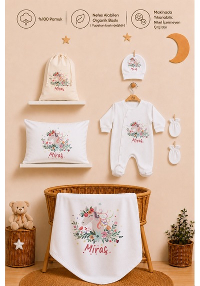 Pia Baby Kız Bebek İsimli %100 Pamuk Hastane Çıkışı 6 Parça Tulum Şapka Eldiven Hediye Seti 2076tybkyx Krem