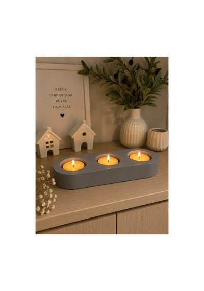 Yapımı 3 Lü Mumluk Dekoratif Tealight Mum Sta Gri