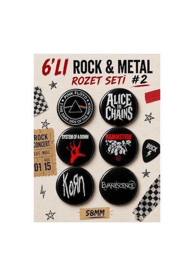 Mashspot 6 Lı Rock Metal Rozet Seti 2 Korn, Alice İn Chains, Rammstein, Pink Floyd, Evanescence, System Of A Down 58 Mm Çok Renkli