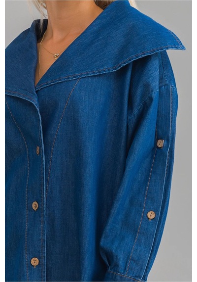 Bold & Young Kadın Pamuklu Denim Kumaş Kol Yırtmaç Düğmeli Büyü Yaka Kot Gömle Lacivert