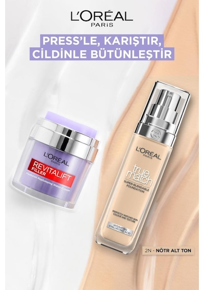 L'Oréal Paris Revitalift Filler Nemlendirici Yüz Kremi 50 Ml + True Match Bakım Yapan Fondöten 2n Nötr Alt Ton pktpresscreamakyaj7-11262