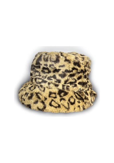 Me-vo Kadın Leopar Desenli Peluş Kova Şapka, Kışlık Yumuşak Bucket Hat Bej