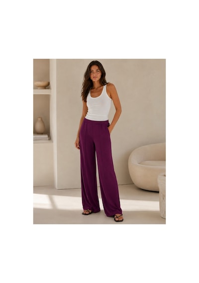 Unika Boutique Kadın Yüksek Bel Lastikli Bol Paça Rahat Pantolon Günlük Alt Giyim Mürdüm