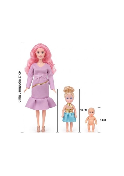 Hamile Anne Ve Bebekleri 3 Bebekli Dönen Karınlı Haraketli Eklemli Aksesuarlı Oyuncak Bebek Seti Pembe