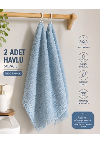 2'li Yüz Havlusu Seti 50x90 Cm Pamuklu El Havlusu Püsküllü Yumuşak Dokulu Yüksek Emici Günlük Kullanım Mavi