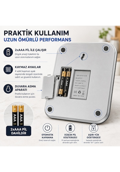 10 Kg Dijital Hassas Mutfak Tartısı - Lcd Ekranlı, Paslanmaz Çelik Tartım Yüzeyi, Dara Tare Fonksiyonlu, Gram & Ons Ölçüm, 2x Aaa Pilli Açık Gri