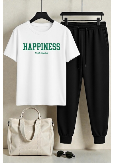Uyguntarz Unisex Happines 2'li Eşofman Takımı Beyaz
