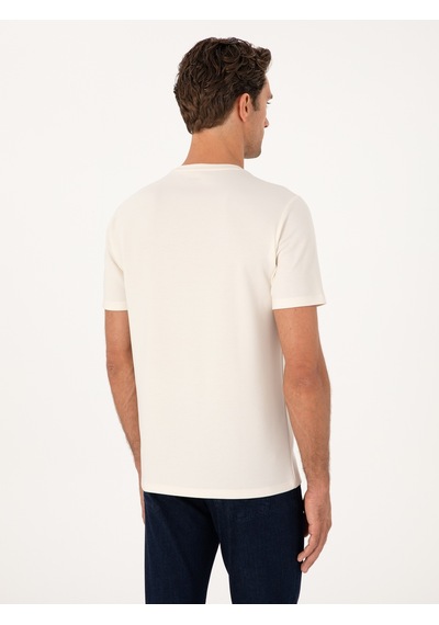 Ekru Regular Fit Baskılı Bisiklet Yaka T-shirt Bej