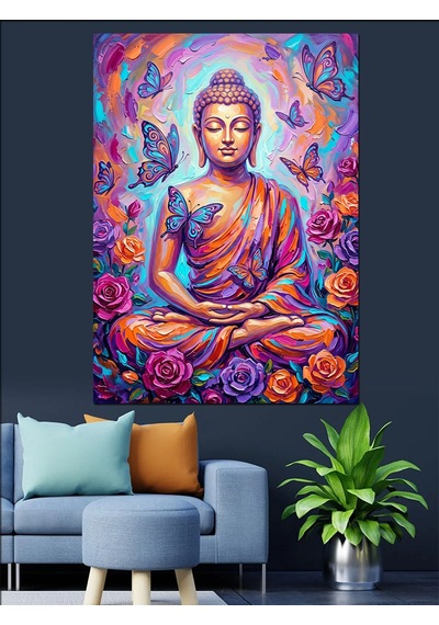 Kelebekli Ve Güllü Ve Renkli Buda Heykeli Meditasyon Yapan Dekoratif Kanvas - Mdf Ahşap Tablo Çok Renkli