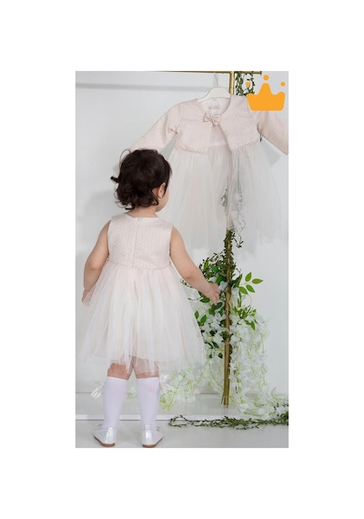 Babyhola Minimony 6-24 Ay Mine Desen Ceketli Kız Bebek Çocuk Bayramlık Abiye Gelinlik Elbise Takım 1013 Pudra