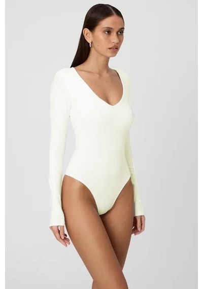 Madmext Beyaz V Yaka Uzun Kol Esnek Kumaş Bodysuit Mg2132-beyaz Beyaz