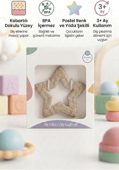 Yıldız Şekilli Esnek Bpa İçermeyen Kabartılı Pastel Renkli Oyuncak Bebek Diş Kaşıyıcısı Gri