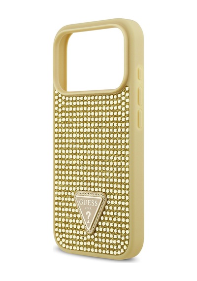 Apple Uyumlu iPhone 17 Pro Kılıf Guess Lisanslı Taşlı Arka Yüzey Üçgen Logolu Kapak Gold