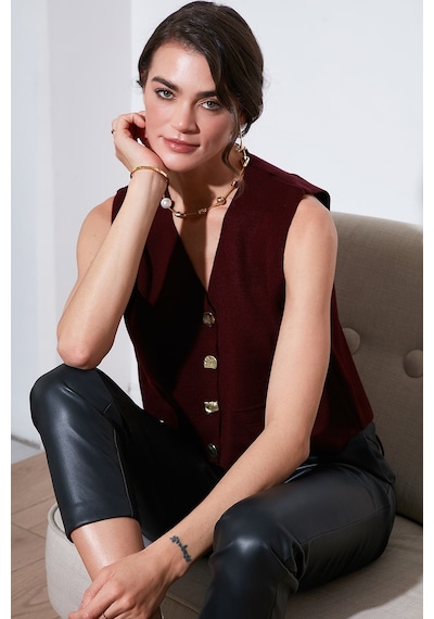 Lela Standart Fit V Yaka Düğmeli Triko Bayan Yelek 4616177 Bordo