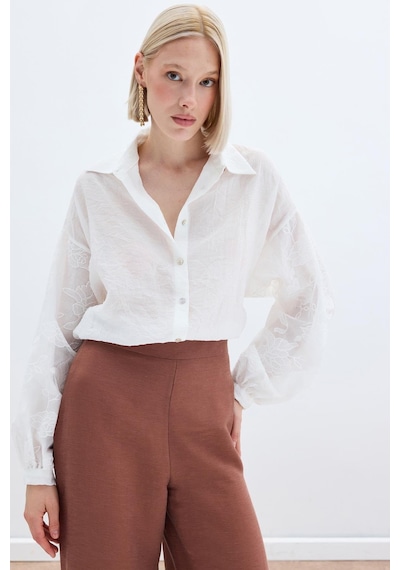 Sateen Nakış Detaylı Kraşlı Gömlek - Ekru-136256 Ekru