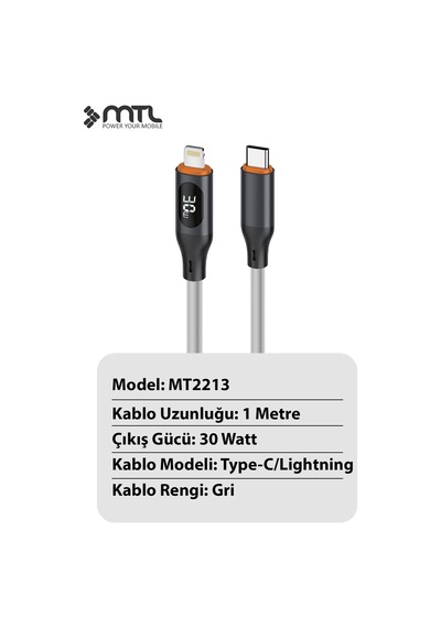 30w Lcd Ekranlı Type-c To Lightning Silikon Hızlı Şarj Ve Data Kablosu 1 Metre Mt2213