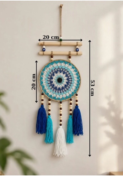 Nazar Motifli Düş Kapanı Rüya Kapanı Dream Catcher Mavi Püsküllü Bohem Duvar Süsü Bohem El Yapımı Düş Kapanı