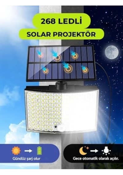 268 Led'li Solar Projektör 60w Güneş Enerjili 5 Mt Kablo Sensörlü Kumandalı Heroled Dış Mekan Aydınlatma Ip65