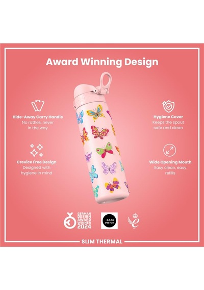 Ion8 - İnce Su Termosu - Kelebek - 500 Ml - Sızdırmaz Açık Beyaz