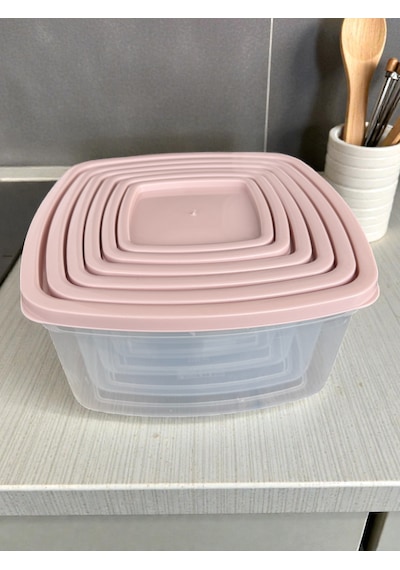 6'lı Kendinden Kapaklı Erzak Baharat Saklama Kabı Seti 8,3 Litre Büyük Boy Plastik Açık Pembe