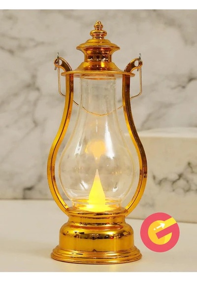 Retro Alev Efektli Led Lamba Pilli Gaz Lambası Modeli Kandil Atmosfer Dekoratif Ramazan Yılbaşı Aydınlatma Altın